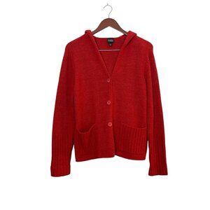EILEEN FISHER Red Wool Blend Button Front Hooded Cardigan Sweater Size M